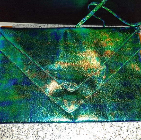 H&M Iridescent Blue Green Clutch/Messenger Handbag Purse with Strap - Picture 9 of 10